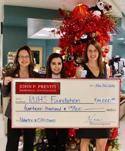 Riverside University Health Systems Foundation receives $14,000 donation from the John P. Previti Memorial Foundation; in photo: Executive Director Erin Phillips, John P. Previti Memorial Foundation Board Member Martha Cuevas, and Chair of Pediatrics Dr. Aleca Clark 